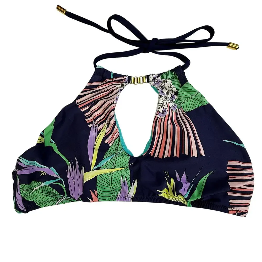 Trina Turk Tropical Floral Halter Bikini Set Navy Botanical Gold Hardware US 8 - Picture 9 of 14